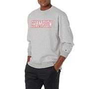 Champion Men's Powerblend Fleece Crew, Pullover Sweater, Oxford Grey/New Ripe Red Block Outline, L