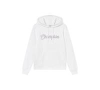 Champion Women's fleece hoodie, rib cuff and hem, front kangaroo pocket, hood with adjustable drawcords, graphic logo White