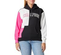 Champion Women's Legacy Color Punch W-Light Powerblend Colorblock Fleece Hooded Sweatshirt, Black/Off White/Fuchsia, XS