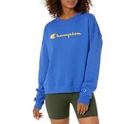 Champion Women's Powerblend Relaxed Crew (Retired Colors) Pullover Sweater, Deep Dazzling Blue Script, S