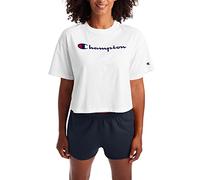 Champion Women's The Cropped TEE T-Shirt, White Script, XS