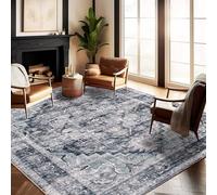 CHAMPLANT Washable Area Rug 8'x10' Dark Blue Retro Boho Design Non-Shedding Non-Slip Easy Care Ideal for High Traffic Areas in Living Room Bedroom Office Coffee Table Kitchen Large Carpet