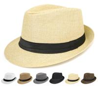 Chamqueen Fedora Hat Trilby Jazz Cap for Men Women Panama Straw Sun Hat | Woven Texture Look, Short Brim Bowler Hat, 22.8 Inch Head Size, Travel, Beach, Parties, Weddings