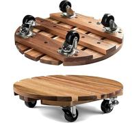 CHAMSUREUK 2 Pack 30CM-12 Inch Plant Caddy Wood Plant Stands with Wheels Plant Pot Trolley with Metal Lockable Caster Wheels Heavy Duty Rolling Plant Stand (Wood - Round)