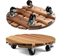 CHAMSUREUK 2 Pack 30CM-12 Inch Plant Caddy Wood Plant Stands with Wheels Plant Pot Trolley with Metal Lockable Caster Wheels Heavy Duty Rolling Plant Stand (Wood - Round)