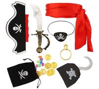 Chanaco 7Pcs Pirate Costume Accessories Hat Bandana Eye Patch Sword Captain Hook and Earring Pirates Party Decorations Halloween Cosplay Birthday Outfit Set Supplies