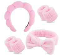 Chanaco Spa Headband and Wristband Set Skincare Headband Pink Puffy Makeup Headband Face Wash Headband Sponge Hair Band Wrist Bands for Washing Face Skin Care Teen Girl Gifts Trendy Stuff