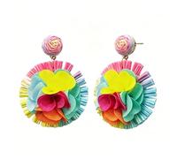 Chanaiqw Raffia Flower Drop Earrings Bohemian Woven Raffia Layered Fabric Floral Statement Earrings for Women Lightweight Tropical Beach Summer Vacation Jewelry Gifts, L, Metal, No Gemstone
