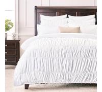 Chanasya Premium Ruched Textured Duvet Set - Washed Microfiber Boho Shabby Chic Soft Ruffled Pleated Microfiber Duvet Set - 1 Duvet Cover & 2 Pillow Sham - 3-Piece Set - White, King Size