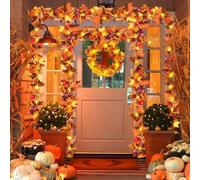 CHANCCI 2 Pack Artificial Maple Leaves Garland, 5.9Ft Autumn Garland With 40 LED String Lights for Halloween Indoor Outdoor Home Decorations