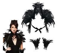 CHANCCI Women Natural Feather Cape with Wrist Cuffs Wristband,Costume Gothic Lacing Shawl Shrug Collar,Halloween Costume Accessories for Women Black