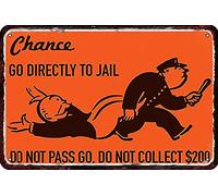 Chance Card Monopoly Go Directly To Jail Vintage Metal Tin Sign Wall Decor Retro Art Funny Decorations For Home Man Cave Bedroom Retro Metal Tin Sign 8X12 Inches