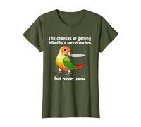 Chances of Getting Killed Parrot I Pineapple Conure T-Shirt, Women, Olive Green, X-Small
