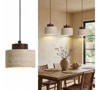 Chandelier Ceiling Light, Natural Stone Cylinder Pendant Lights for Kitchen Island & Dining Room, Nordic Travertine Hanging Light with Wood Accents, Small E27 Pendant (Walnut Color 1 Item,12X11CM)