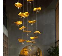 Chandelier Light, Zen Chinese Copper Lotus Leaf Pendant Lights Gold Lustre Restaurant Staircase Hanging Lamps Tea Room Decor Lighting Fixtures(15 Heads,White Light)