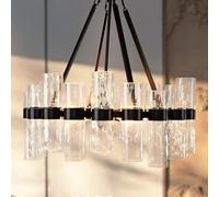 Chandeliers, 24 inch Diam Modern Glass Tube, Water Ripple Glass Lights Fixture with Metal, Elegant Hangilightifor Diniroom Kitchen Island Foyer Entryway/Black/a
