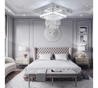 Chandeliers Ceiling Light, Contemporary Square Crystal Chandelier, Silver Crystal Ceiling Lighting Fixture for Living Room, Bedroom, Dining Room, Kitchen, Office, Hallway, 30*30*8cm, (No bulb）