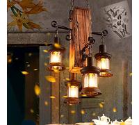Chandeliers Retro Natural Wood Metal Pendant Vintage Hanging Lamp E27 * 4 Height Adjustable Glass Wrought Iron Hanging Light Droplight Lampshade Industry Dining Room Kitchen Bar Cafe