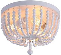 Chandeliers Wood Beaded Chandelier, Boho Farmhouse Light Fixture, White 3 Lights, Semi Flush Mount Ceiling Light Fixtures for Hallway Bedroom Kitchen Living Room