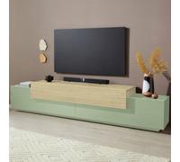 chandler large wooden tv stand with 3 flap doors in sage green and chopin oak