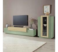 chandler wooden entertainment unit in sage green and chopin oak