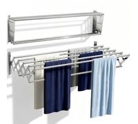 ChaneeHann Wall-Mounted Clothes Airer, Extendable & Foldable Stainless Steel Drying Rack with 7 Rails, Space-Saving Towel Rail for Laundry Room & Bathroom, 23.6 x 20.5 x 7.3 inches, Silver