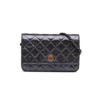 Chanel Women's Preloved Quilted Iridescent Lambskin Tartan Button Wallet On Chain in Silver