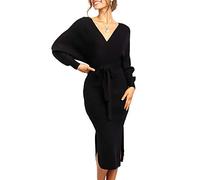 Chang Yun Women's Long Maxi Sweater Dresses Sexy Wrap Batwing V Neck Slit Open Back Holiday Bodycon Dress with Belt 1-Black Small
