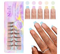 CHANGAR French Gel Nail Tips, 150Pcs Extra Short Coffin French Tip Press on Nails with Pre-applied Tip Primer & Base Coat No Need File False Nails for Nail Art DIY（Rainbow- trapezoid）
