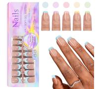 CHANGAR French Gel Nail Tips, 150Pcs Extra Short Square French Tip Press on Nails with Pre-applied Tip Primer & Base Coat No Need File False Nails for Nail Art DIY(Rainbow- Square)