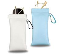 CHANGAR Portable Eye Glasses Case with Clip, Pack of 2 Squeeze Top Sunglass Pouch Soft Leather Sunglasses Cases Travel Sunglass Organiser Pouch With Hanging Hook, Blue & Grey, L