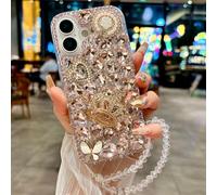 Changjia for iPhone Air Glitter Bling Case, Cute Luxury 3D Sparkle Crown Crystal Rhinestones Diamond Pearl Stunning Gemstones with Lanyard Wrist Strap Women Girls Case for iPhone Air 6.6" (Pink)
