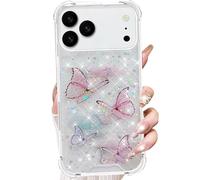 Changjia for iPhone Clear Glitter Floral Case, Cute Bling Sparkle Butterfly Shiny Stars Soft Silicone TPU Bumper Shockproof Women Girls Slim Protective Cover (Pink, for iPhone Air)