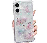 Changjia for iPhone Clear Glitter Floral Case, Cute Bling Sparkle Butterfly Shiny Stars Soft Silicone TPU Bumper Shockproof Women Girls Slim Protective Cover (Pink, for iPhone)