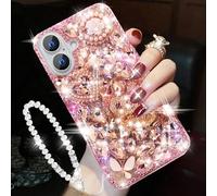 Changjia for iPhone Glitter Bling Case,Cute Luxury 3D Sparkle Crown Heart Crystal Rhinestones Diamond Pearl Stunning Stones with Lanyard Wrist Strap Women Girls Phone Case for iPhone 6.3" (Pink)