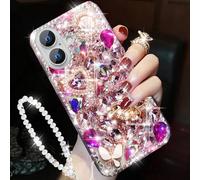 Changjia for iPhone Glitter Bling Case,Cute Luxury 3D Sparkle Crown Heart Crystal Rhinestones Diamond Pearl Stunning Stones with Lanyard Wrist Strap Women Girls Phone Case for iPhone 6.3" (Hot Pink)