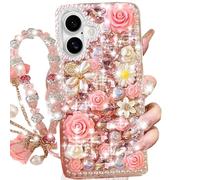 Changjia for iPhone Glitter Bling Case,Cute Luxury 3D Sparkle Crystal Rhinestone Flowers Diamond Gems Pearl Stunning Stones with Lanyard Wrist Strap Women Girls Phone Case for iPhone 6.3" (Pink)