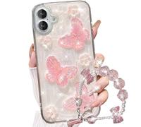 Changjia for iPhone Glitter Butterfly Case,Cute Girly 3D Flower Floral Crystal Pearl Bling Sparkle with Wrist Strap Chain Aesthetic Soft TPU Protective Phone Case for Women Girls for iPhone (Pink)