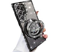 Changjia for Samsung Galaxy S24 Ultra Glitter Kickstand Case,Luxury Bling Sparkly Diamond Rhinestone with Camera Protector Liquid Ring Stand Women Girls Clear Phone Case for Galaxy S24 Ultra (Black)