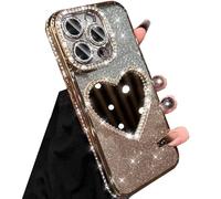 Changjia Glitter Mirror Case for iPhone 16 Pro Max,Luxury Diamond Heart Makeup Mirror Bling Sparkly Rhinestone with Camera Protector TPU Plating Bumper Women Girls Case for iPhone 16 Pro Max 6.9",Gold