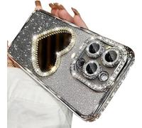 Changjia Glitter Mirror Case for iPhone Pro Max,Luxury Diamond Heart Makeup Mirror Bling Sparkly Rhinestone with Camera Protector Soft Plating Bumper Women Girls Case for iPhone Pro Max (Silver)