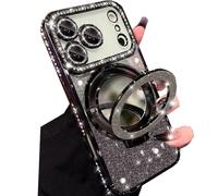 Changjia Magnetic Kickstand Glitter Case for iPhone Pro Max,[Compatible with Magsafe] Bling Sparkly Rhinestone with Camera Protector Makeup Mirror Women Girls Case for iPhone Pro Max 6.9" (Black)