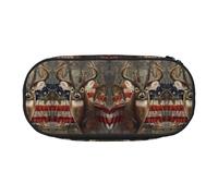 CHANGLEI Americana Flag Deer Double-Zip Pencil Case with 4 Pen Slots Mesh Pocket,Print Lightweight Durable Polyester Pencil Pouch for School,Office,Or Makeup Organizer
