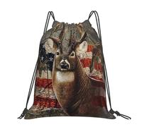 CHANGLEI Americana Flag Deer Large Casual Drawstring Backpack With Print,Water-Resistant Polyester,Lightweight Durable,Black Contrast Back For Gym,Yoga,Travel