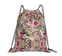 CHANGLEI Animal Tiger Leopard Print Rose Flower Large Casual Drawstring Backpack With Print,Water-Resistant Polyester,Lightweight Durable,Black Contrast Back For Gym,Yoga,Travel
