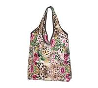 CHANGLEI Animal Tiger Leopard Print Rose Flower Reusable Foldable Shopping Bag With All-Over Print-Waterproof Grocery Tote,Compact Carry Pouch,Holds 50lbs,Eco-Friendly Machine Washable