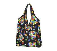 CHANGLEI Autism Awareness Puzzle Pieces Heart Reusable Foldable Shopping Bag With All-Over Print-Waterproof Grocery Tote,Compact Carry Pouch,Holds 50lbs,Eco-Friendly Machine Washable