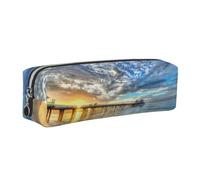 CHANGLEI Beach Sea Bridge Clouds Sunset Minimalist All-Over Print Cross-Grain PVC Leather Zipper Pencil Case, Soft Lined Portable Pen Pouch Stationery Bag