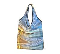 CHANGLEI Beach Sea Bridge Clouds Sunset Reusable Foldable Shopping Bag With All-Over Print-Waterproof Grocery Tote,Compact Carry Pouch,Holds 50lbs,Eco-Friendly Machine Washable