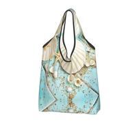 CHANGLEI Beach Seashells Blue Reusable Foldable Shopping Bag With All-Over Print-Waterproof Grocery Tote,Compact Carry Pouch,Holds 50lbs,Eco-Friendly Machine Washable